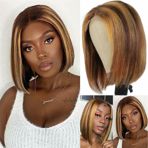 Ombre Highlights Bob Wig Glue Honey Blonde Colored Wigs Human Hair Straight 10" - Picture 1 of 9